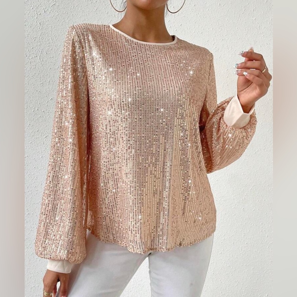 SHEIN - Champagne Sequin Long Sleeve Top - size M - NWOT - Picture 3 of 16
